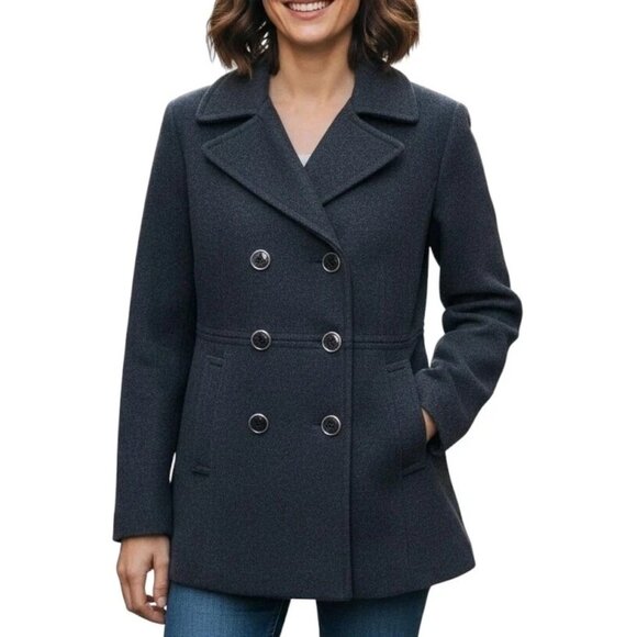 Calvin Klein Pea Coat Women Size 8 Gray Double Breasted Wool Cashmere Pockets - Picture 1 of 12